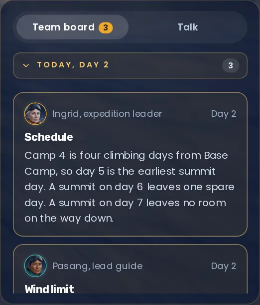 Picture of the game: The team board